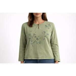 California Style Silk Cotton Embroidered Top Sage Green Cottagecore M